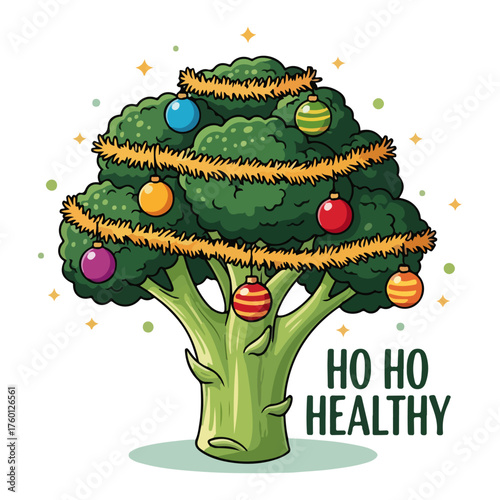 Broccoli Christmas Tree with Ho Ho Healthy Pun. Funny Vegan Holiday Cartoon Vector Illustration.