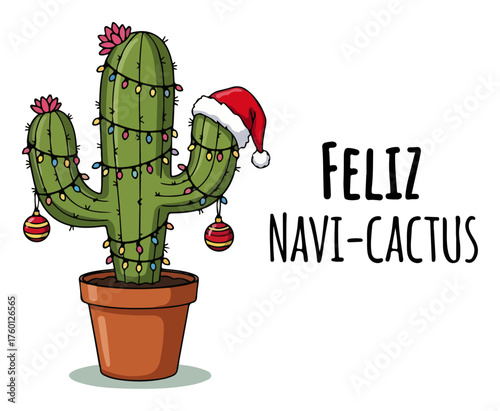 Holiday cactus in pot with Santa hat — humorous “Feliz Navi-Cactus” Christmas vector illustration