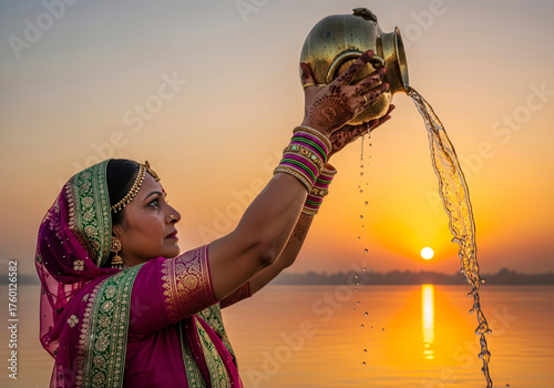 Woman pouring water during sunrise in Purvanchal. A serene portrayal of spirituality and faith. Ritualistic bathing, water oblation, auspicious beginning.