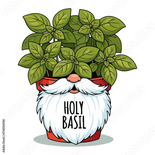 Funny Holy Basil Pun with a Cute Gnome Planter Pot. Cartoon Vector Illustration for Gardeners.