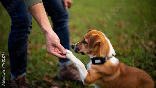 Dog giving paw to an owner's hand, receiving a dog treat during outdoor training, building trust, connection, and obedience while wearing a tracking collar