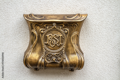 Ornate Golden Art Nouveau Mailbox with PST Monogram. Royal Postal Savings Bank of Budapest, Hungary
