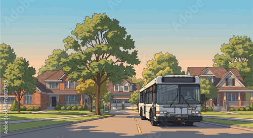 Illustration of Suburban Street with Houses and a Public Transport Bus