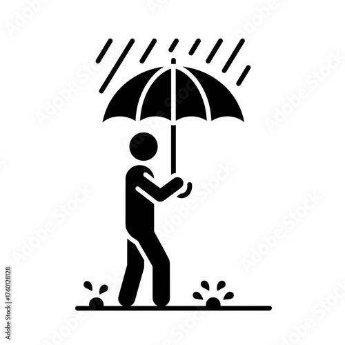 Minimalistic black-and-white pictogram of a person holding an umbrella in the rain, clear vector lines, no color