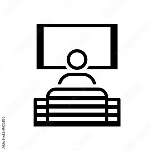 A minimalistic black-and-white pictogram depicting a person sitting in a cinema and looking at the screen, with clear vector lines, a white background and a flat modern design.
