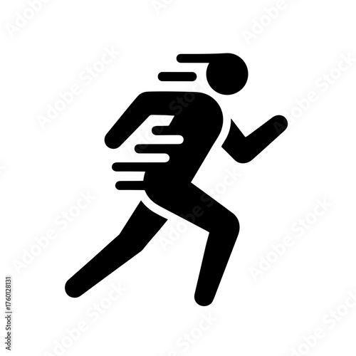 Minimalistic black-and-white pictogram of a person running, clean vector lines, white background, flat modern design.
