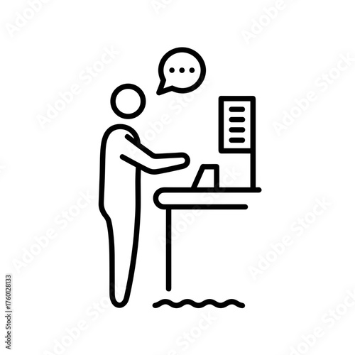 Minimalistic black-and-white pictogram of a person ordering food at a restaurant counter, clean vector lines, white background, flat modern design.