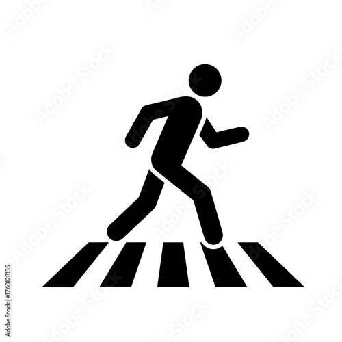 Minimalist black-and-white pictogram depicting a person crossing the street at a pedestrian crossing, with clean vector lines, a white background, and a flat, modern design.