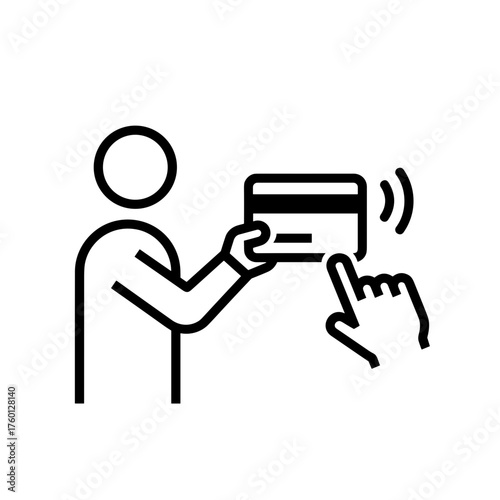 Minimalistic black-and-white pictogram of a person paying with a credit card, clean vector lines, white background, flat modern design.