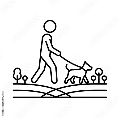 Minimalistic black-and-white pictogram of a person walking a dog, clean vector lines, white background, flat modern design.