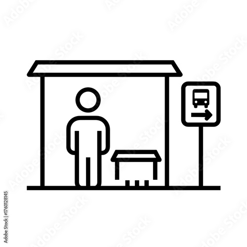 Minimalistic black-and-white pictogram of a person waiting at a bus stop, clean vector lines, white background, flat modern design.