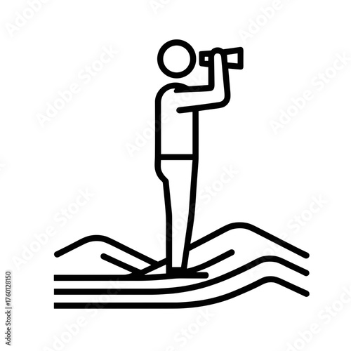 Minimalistic black-and-white pictogram of a person using binoculars at a viewpoint, clean outline, white background