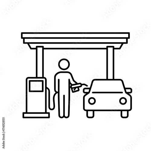Minimalistic black-and-white pictogram of a person refueling a car at a gas station, clean vector outline, flat modern icon