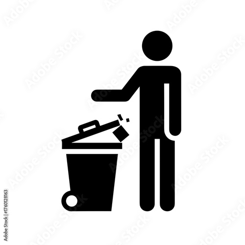 Minimalistic black-and-white pictogram of a person throwing trash into a bin, clean vector lines, white background, flat modern design.