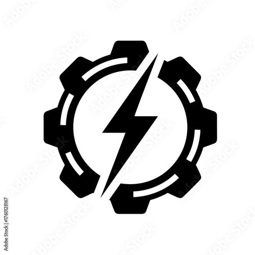 Minimalistic black-and-white icon of a gear with a lightning bolt representing electrical equipment repair

