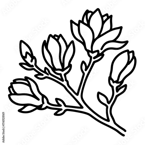 Minimalistic black-and-white line drawing of a flowering branch with buds