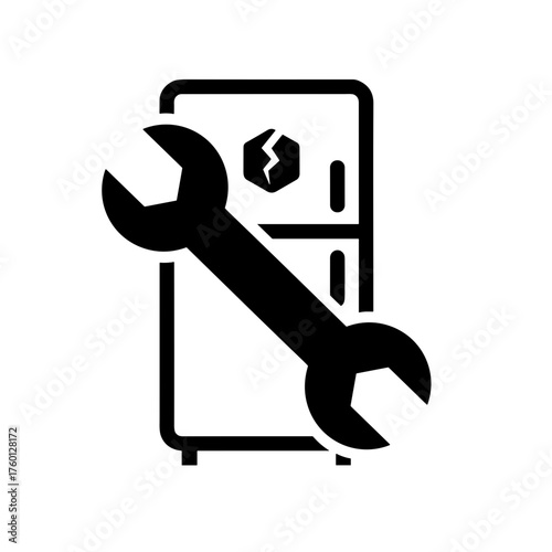 Minimalistic black-and-white icon of a refrigerator with a wrench symbolizing maintenance and repair