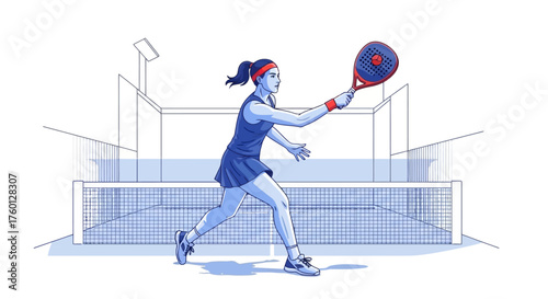 Female padel tennis player in action on a court, ready to hit the ball with her racket during a game