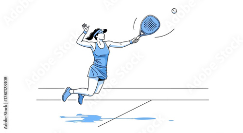 Dynamic illustration of a woman tennis player executing an athletic jump serve or volley, showcasing agility and precision on the court. A modern visual representation of competitive sports