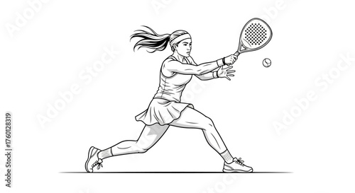 Dynamic line art illustration of a female racket sport player in action, hitting a ball with a powerful stroke, highlighting athleticism and determination in a game