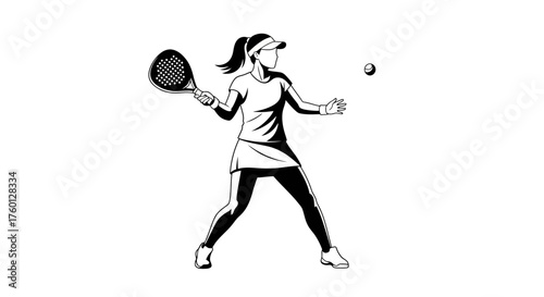 Black and white illustration of a female tennis player hitting a ball during a match, captured in a dynamic stance