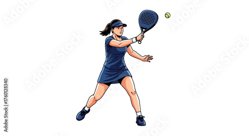Dynamic illustration of a focused female athlete playing a high-energy paddle sport, mid-swing with a racket, demonstrating skill and athleticism in a competitive game