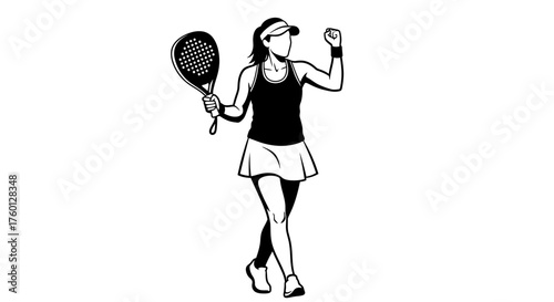 Victorious female padel player celebrating a point with a triumphant fist pump. Dynamic black and white vector illustration of a woman athlete