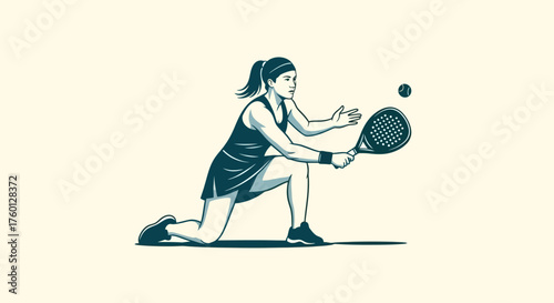 Woman playing padel tennis on a court, hitting a ball with a racket, athletic pose