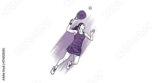 Dynamic and energetic illustration of a female tennis player leaping in mid-air to hit a powerful forehand shot, showcasing athletic skill and passion for the sport with a modern graphic design