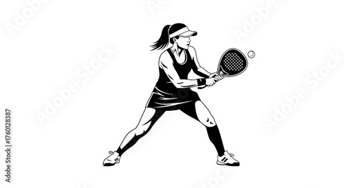 Black and white illustration of a female tennis player hitting a tennis ball during a match