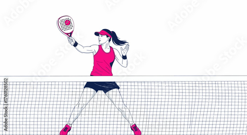 Energetic vector graphic featuring a determined woman actively playing padel, mid-action with her racket, demonstrating agility and focus on the sports court