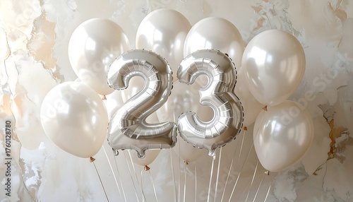Group of white balloons with silver number 23, against a marbled backdrop