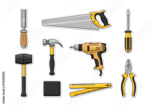 Tool set chisel saw screwdriver mallet hammer drill sandpaper folding ruler and pliers isolated on a white background
