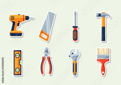 Tool set graphic Drill saw screwdriver hammer level pliers wrench paint brush