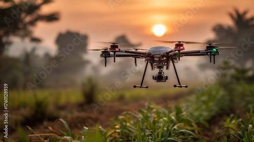 Advanced agricultural drone flying low over green crop field du sunset with trees and sky in background for precision farming and aerial crop monito