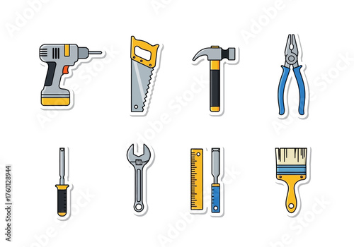 Toolkit featuring a drill saw hammer pliers screwdriver wrench rulerchisel and paintbrush icons