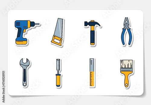 Tools a blue drill saw hammer pliers wrench chisel ruler  paintbrush arranged on a white background with a drop shadow