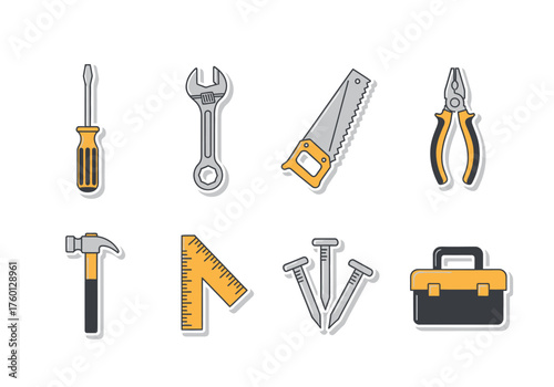 Tools arranged screwdriver wrench saw pliers hammer ruler nails toolbox