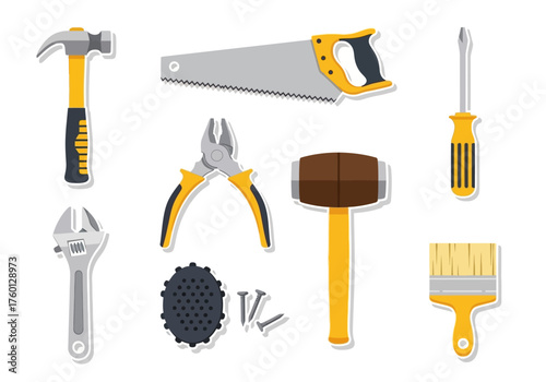 Tools arranged on a white background hammer saw screwdriver wrench pliers screws and paint brush