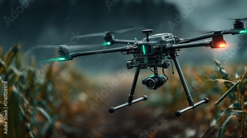 High-tech professional surveillance drone flying low over tall grass in natural environment du dusk with illuminated sensors and advanced navigation features