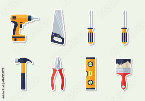 Tools depicted drill saw screwdrivers hammer pliers level  paint brush