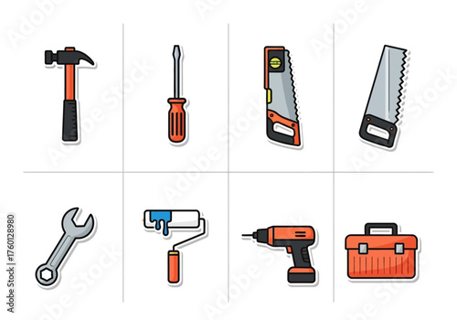 Tools hammer screwdriver saws wrench roller drill toolbox