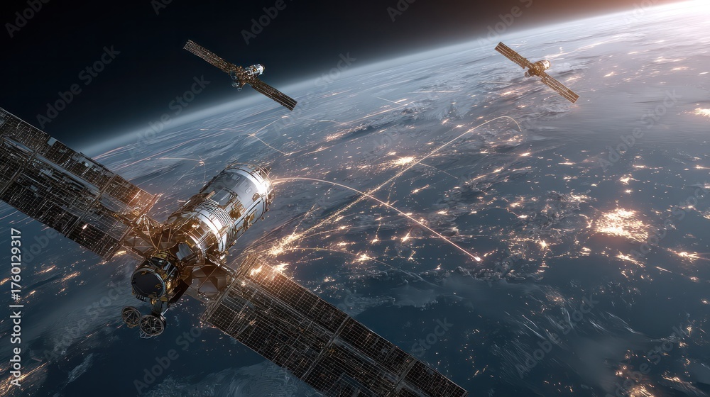Obraz premium A detailed view of a large modern satellite with solar panels orbiting above the Earth with city lights visible at night, showcasing space technology and satellite communication