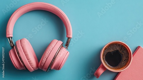 Pink over-ear headphones and a mug of black coffee on a pastel blue background for listening to music or relaxing with hot beverage du leisure or work breaks