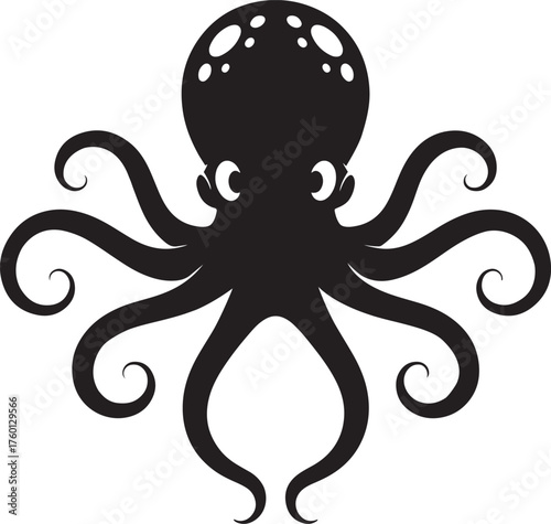 Black octopus with eight swirling tentacles and white spots isolated on a white background