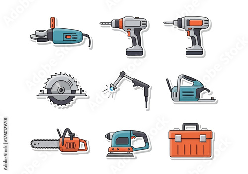 Cartoonstyle set featuring nine hand tools saws grinders drills sanders welder chainsaw and toolbox on a white background
