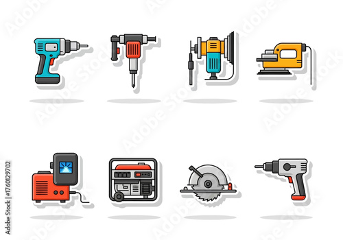 Cartoonstyle construction tools arranged in two rows outlined in black with soft drop shadows