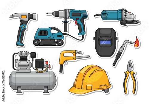 Construction tools arranged hammer drill sander welder helmet pliers compressor grinder wrench welding torch