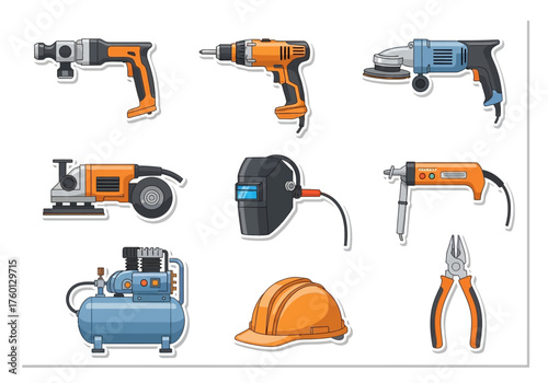 Construction tools drills saws compressor helmet welding mask and pliers