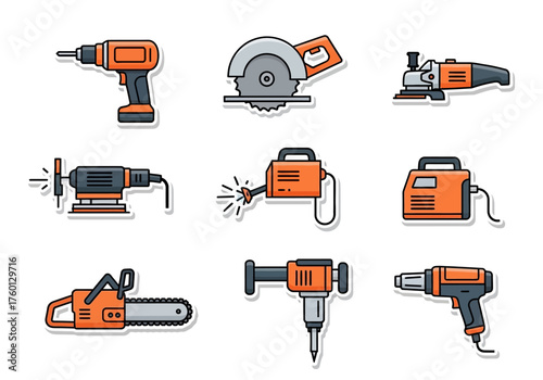 Construction tools icons drill saw grinder sander welder generator chainsaw jackhammer and screwdriver